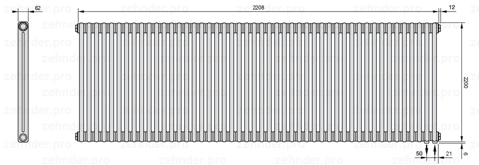 Схема (чертеж) Радиатор Zehnder Charleston 2220/48 №5510 Белый глянцевый RAL 9016